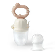 Beige baby food feeder with twist ring, clear container, and mesh nipple