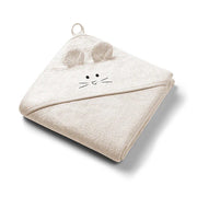 Beige hooded bamboo towel with mouse face detail and hanging loop