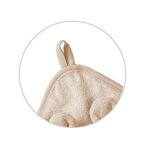 Beige bamboo hooded towel with bunny ears corner loop, 100x100cm