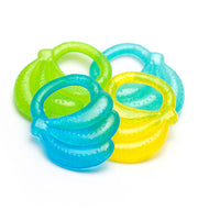 Banana-shaped gel teether with green, teal, and blue rings