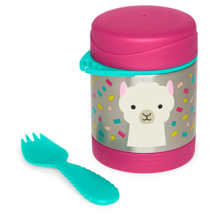 Pink llama food storage jar with colorful confetti pattern and matching teal scoop