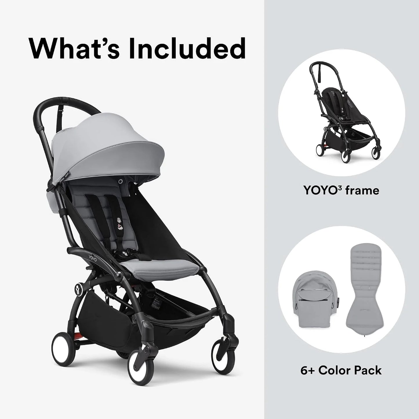 Black-framed stroller with light gray canopy, plus 6+ color pack accessories.
