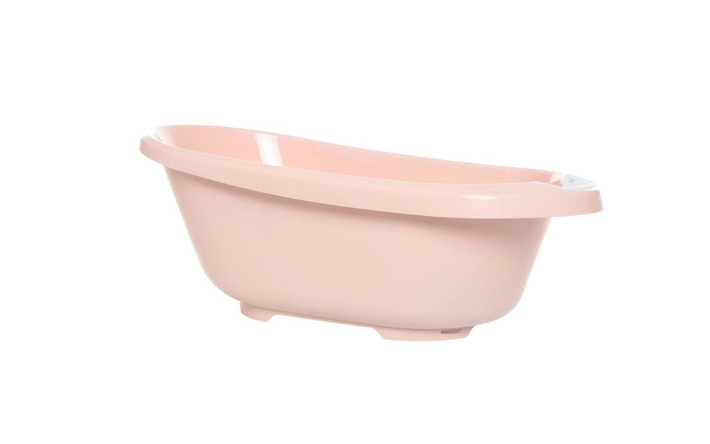 Pale pink plastic bath tub with curved sides and wide rim