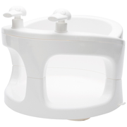 White plastic bath seat with front cutout and two hand grips