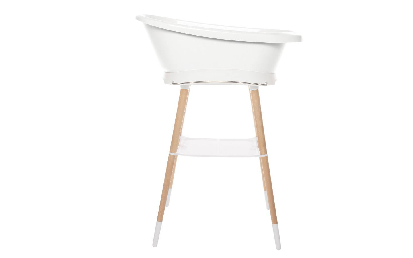 White bathtub on slim wooden legs with open underside, side view