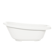 White bathtub with wide rim and contoured basin, front view