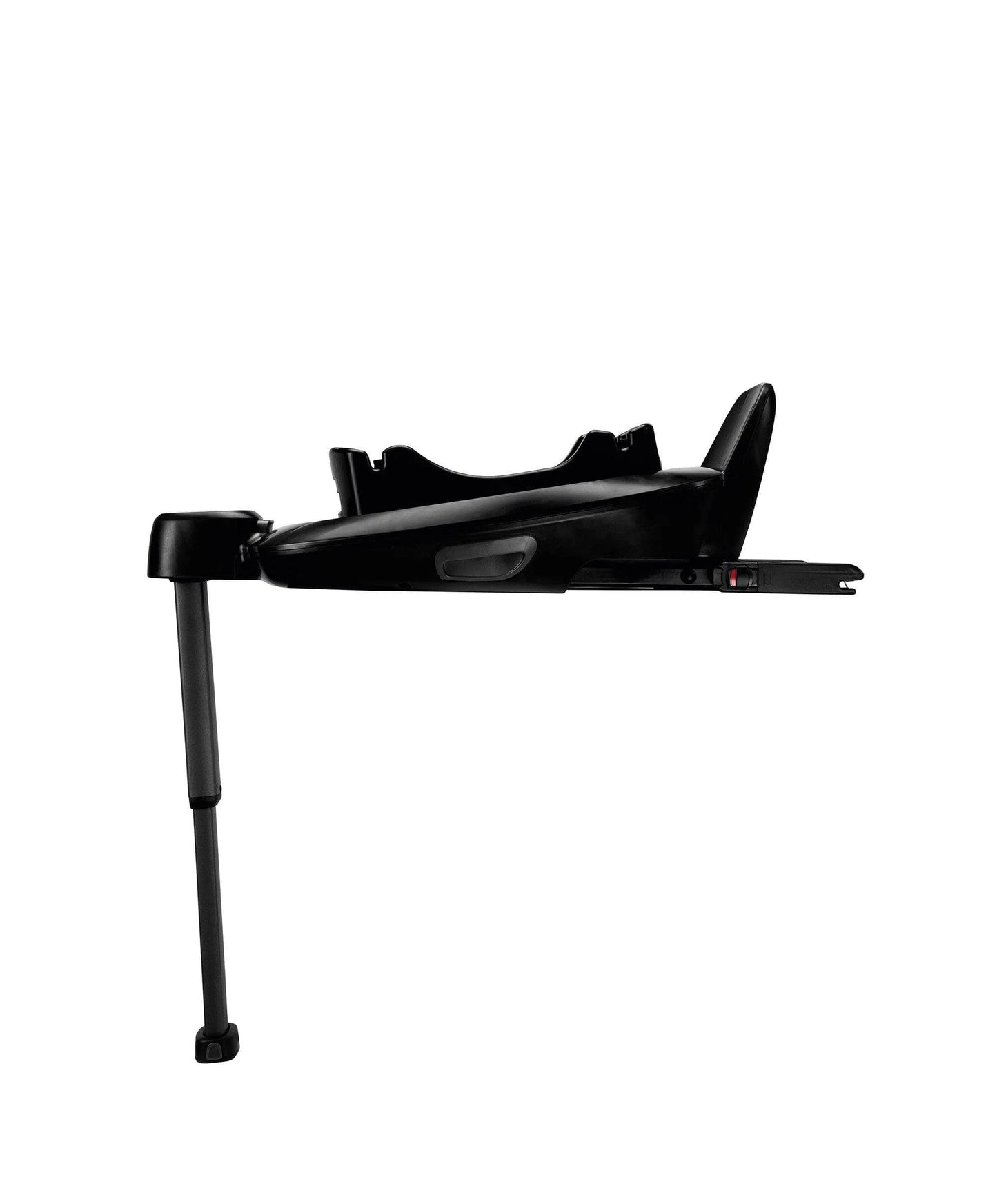 Black rotating car seat base side view with locking bar and support legs