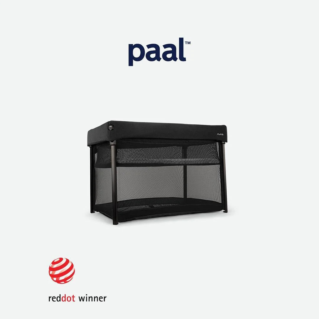 Black baby playard with mesh panels and padded canopy top