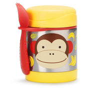 Monkey-themed food jar with yellow lid, red side handle, and smiling monkey face.