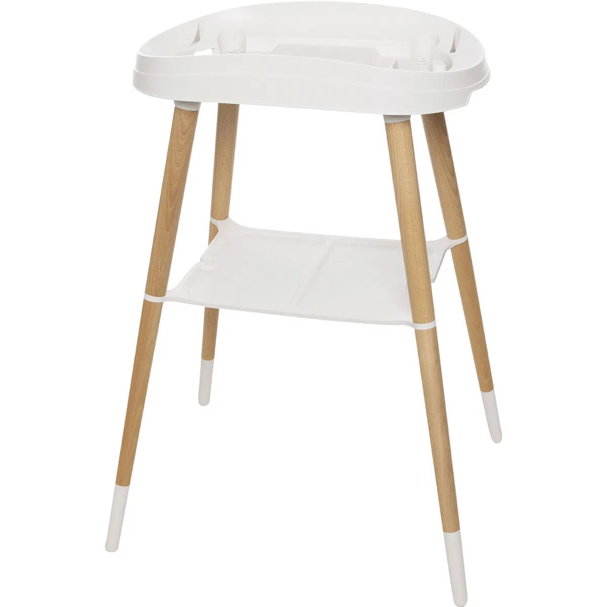 White bath stand with oval tub, light-oak legs, and lower support shelf