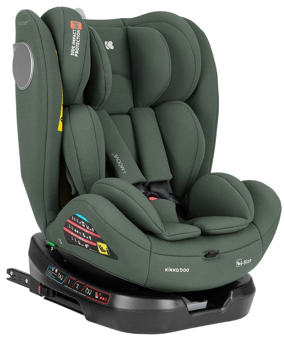 Olive child car seat with headrest and side wings, angled front view