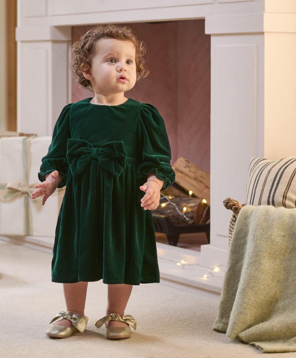 Velvet Bow Dress Green | Dress | Mamas & Papas for Mamas & Papas LB - 6hr