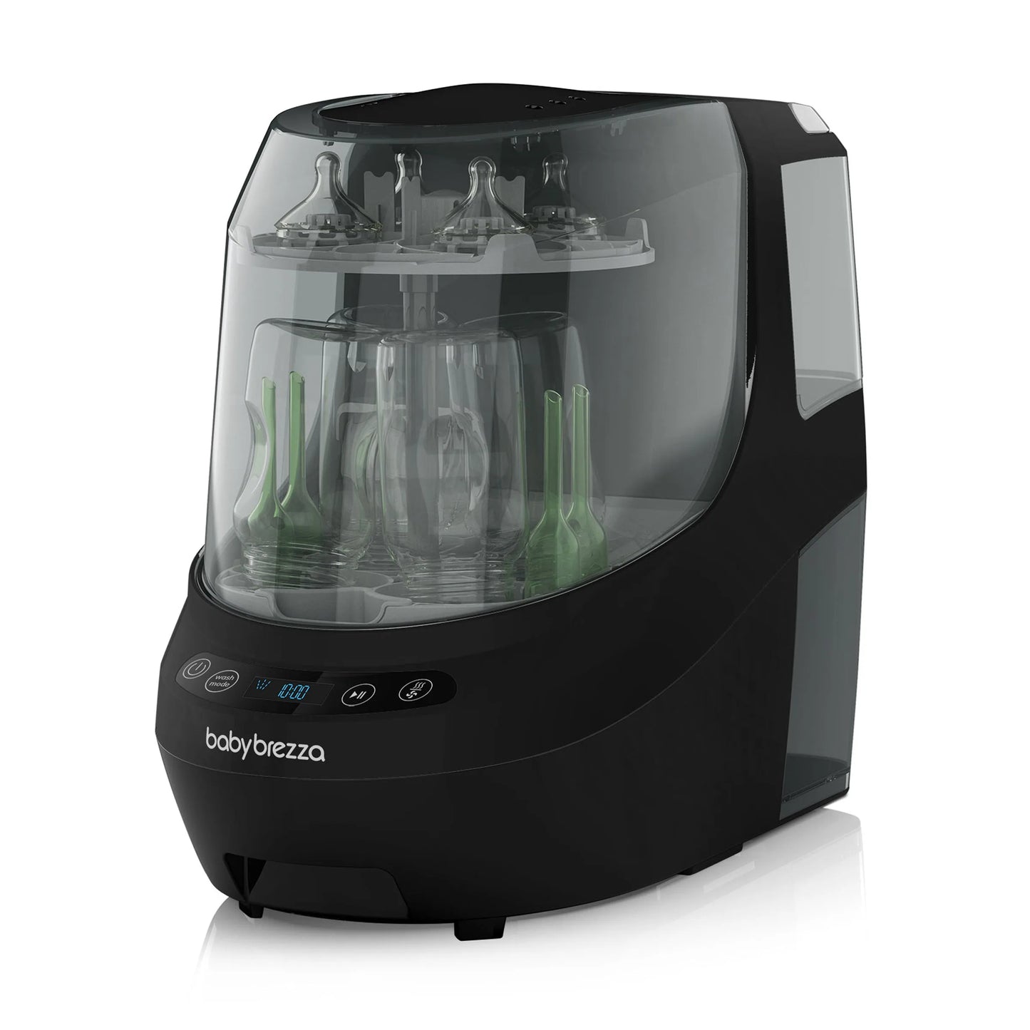 Black all-in-one baby bottle washer with clear top and bottle racks