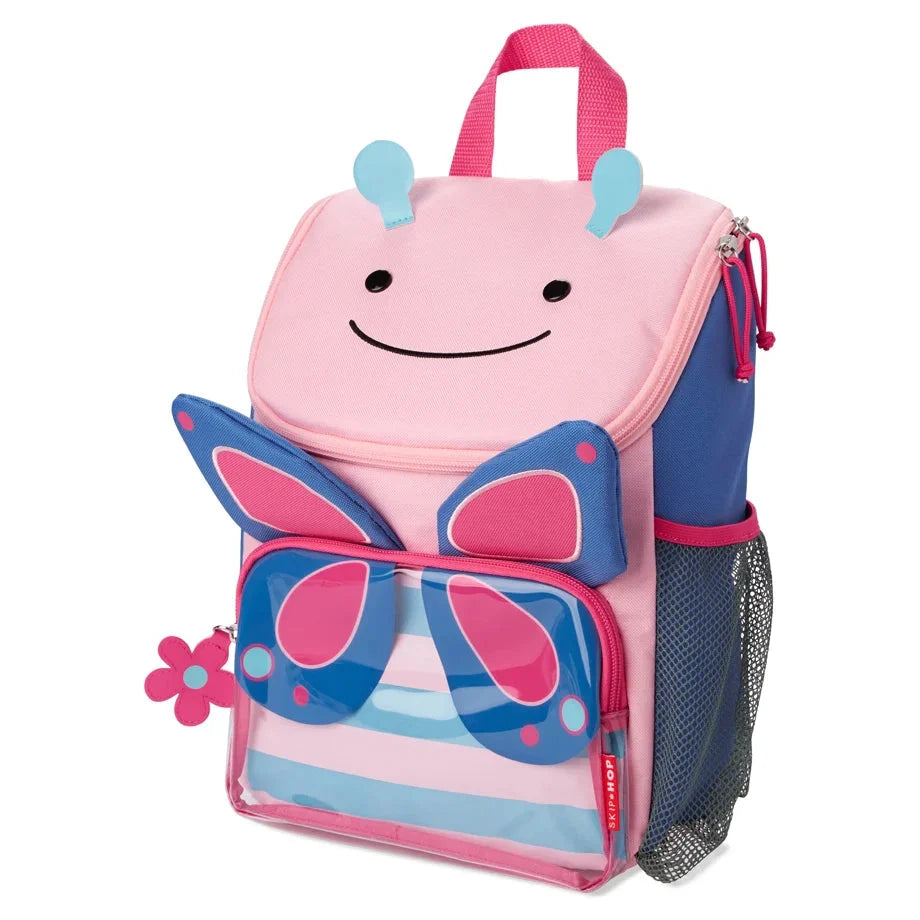 Pink big kids backpack with rabbit face, butterfly graphic, blue trim, mesh side pocket, front zip