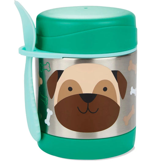 Pug-themed pet food jar with green lid and illustrated pug face on the metal container.