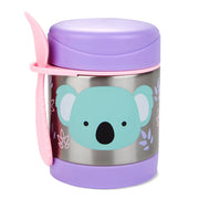 Koala-themed food jar with purple lid, metal body, and attached pink spoon