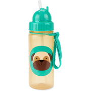 Teal-lidded clear pug face straw bottle with carry cord