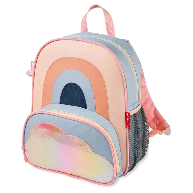 Kids mini backpack with pastel rainbow cloud front panel and zip pocket, pink straps