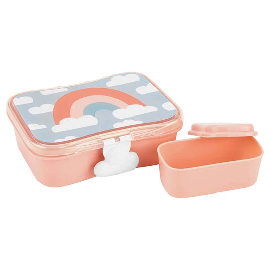 Pastel pink sky lunch kit with rainbow-and-cloud lid and two food compartments