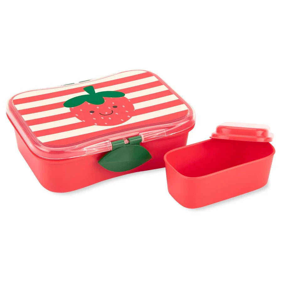 Strawberry lunch kit with red lid, white stripes, and two red compartments