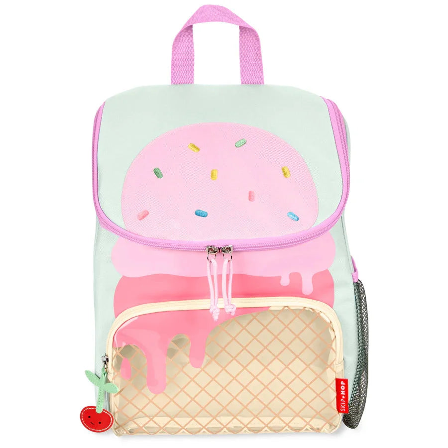 Mint ice cream themed backpack with pink front flap and zip pocket, top handle