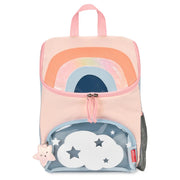 Pastel pink small backpack with top handle, front zipper pocket, cloud and star graphic