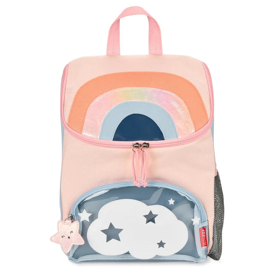 Pastel pink small backpack with top handle, front zipper pocket, cloud and star graphic