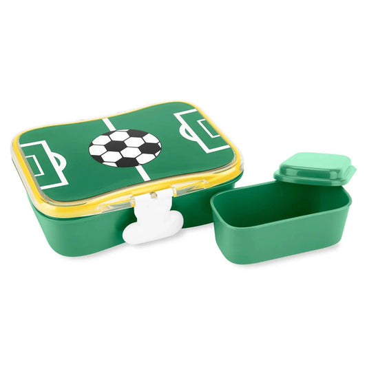 Green football-themed lunch kit with hinged lid and two compartments, yellow trim