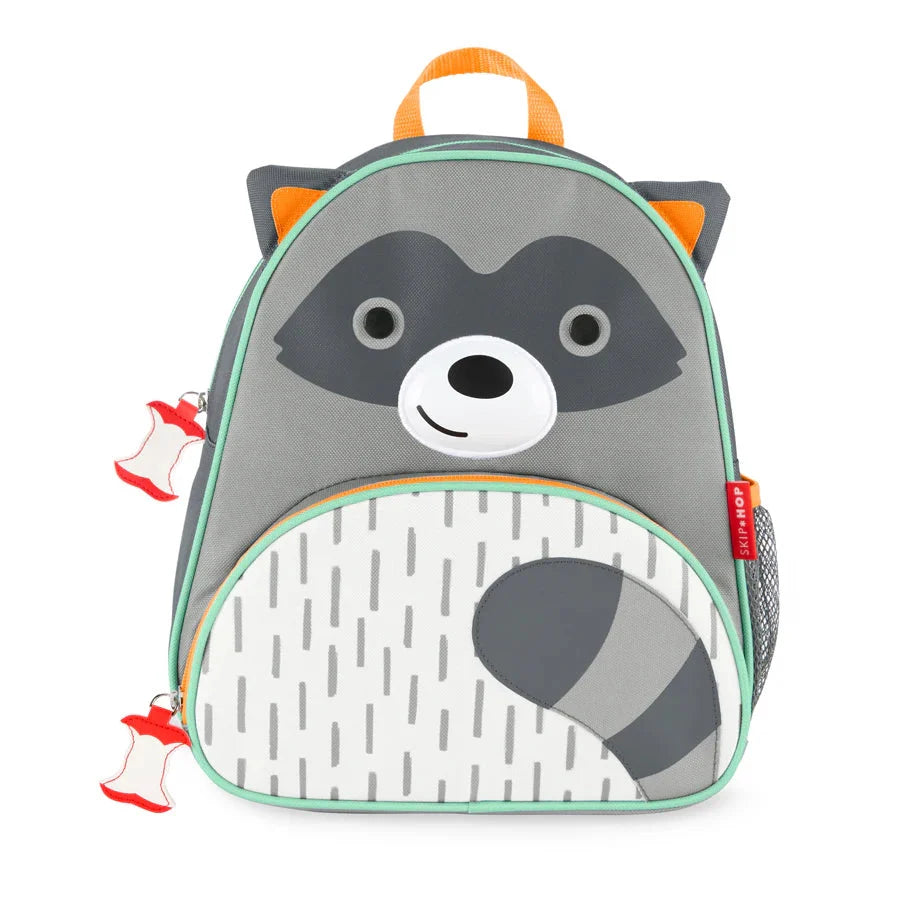 Gray raccoon kids backpack with front face, green trim, orange handle straps