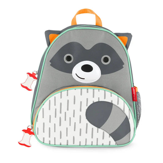 Gray raccoon kids backpack with front face, green trim, orange handle straps