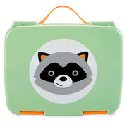 Green raccoon-themed bento lunch box with orange handle and side clasps