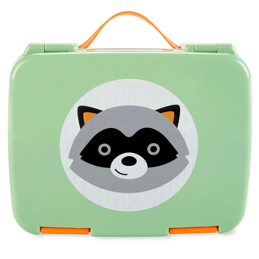 Green raccoon-themed bento lunch box with orange handle and side clasps