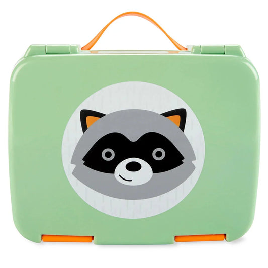 Green raccoon-themed bento lunch box with orange handle and side clasps