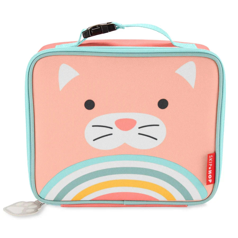 Pink cat-shaped lunch bag with turquoise zipper, face graphic, and rainbow stripe panel