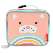 Pink cat-shaped lunch bag with turquoise zipper, face graphic, and rainbow stripe panel