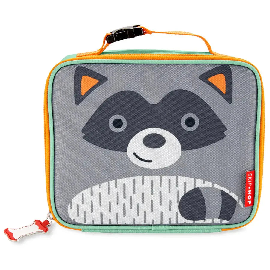 Raccoon character lunch bag with orange trim, gray front panel, zip top