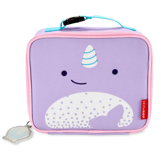 Kids lunch bag with narwhal graphic, purple with pink trim, top handle and zipper, Skip Hop