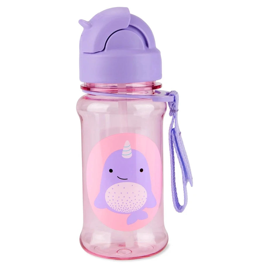 Kids’ narwhal Tritan straw bottle with lavender cap and pink whale face design