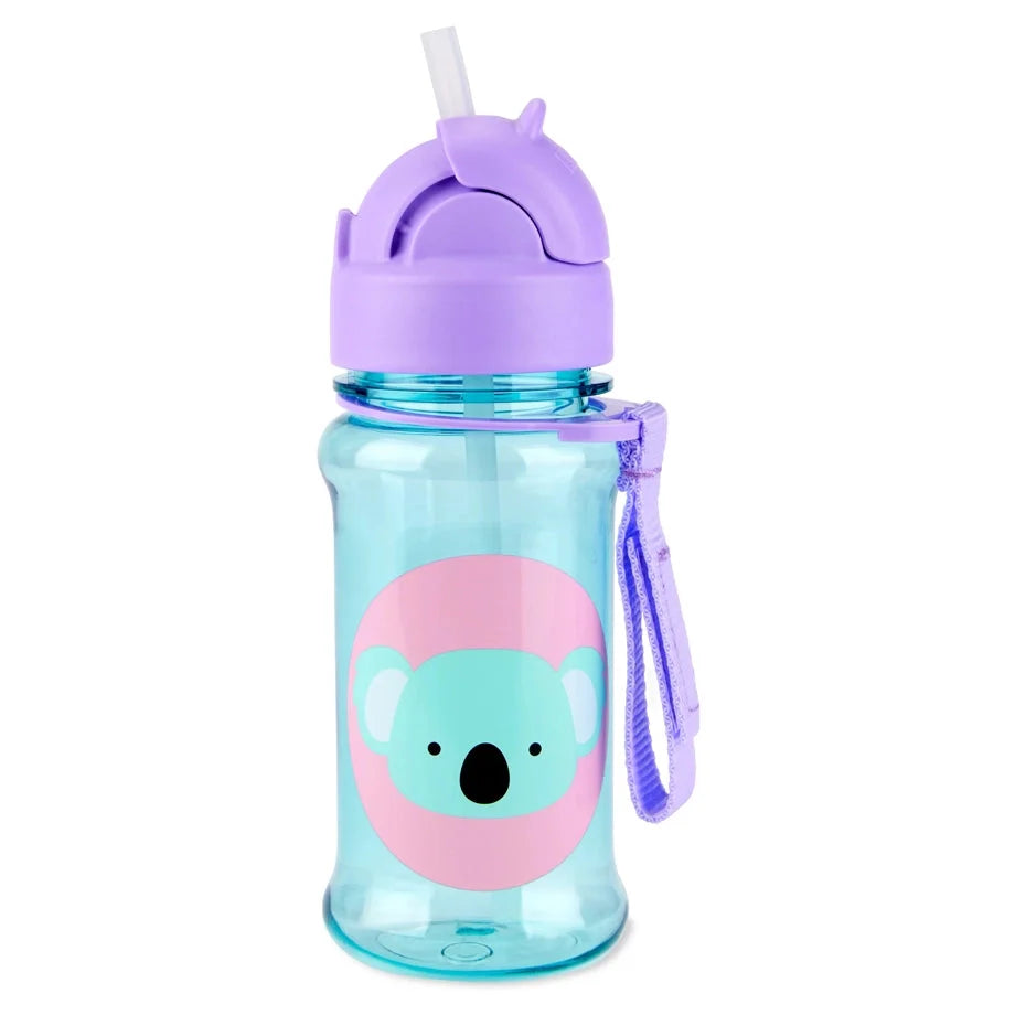 Koala tritan straw bottle with purple lid; clear turquoise body, koala face graphic
