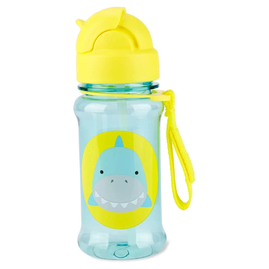 Blue Tritan shark straw bottle with yellow flip lid and carry loop