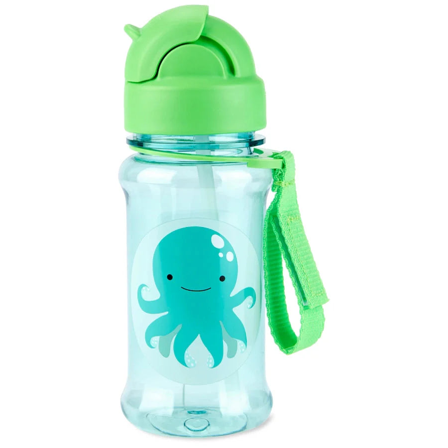 Clear octopus straw bottle with teal graphic, light-green lid and carry strap