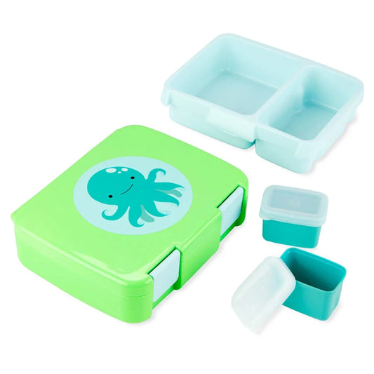 Octopus bento lunch box with green lid, light-blue dividers, two removable cups.