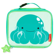 Octopus lunch bag with teal cartoon face, zip top, carry handle, green trim, Skip Hop tag
