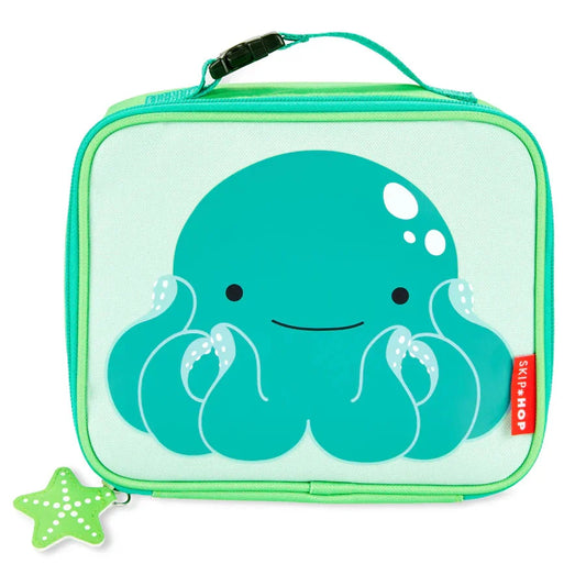Octopus lunch bag with teal cartoon face, zip top, carry handle, green trim, Skip Hop tag