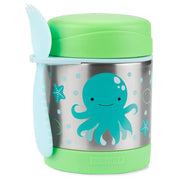 Octopus zoo food jar with green lid and blue octopus print on silver container