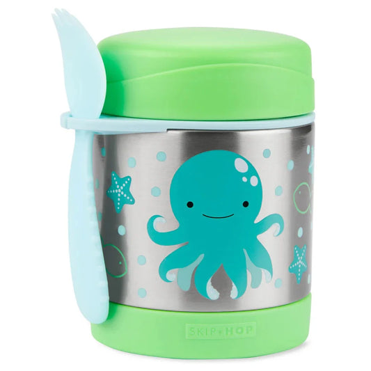 Octopus zoo food jar with green lid and blue octopus print on silver container