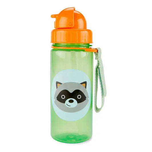 Light green Tritan kids' straw bottle with orange lid and raccoon face print