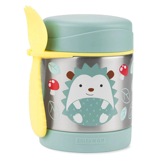 Hedgehog food jar with teal lid and metal sides, hedgehog graphic and Skip Hop logo
