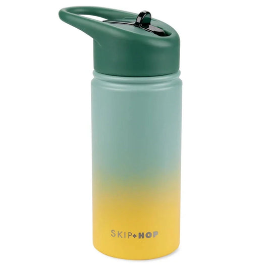 Green stainless steel straw bottle with flip lid and SKIP HOP logo