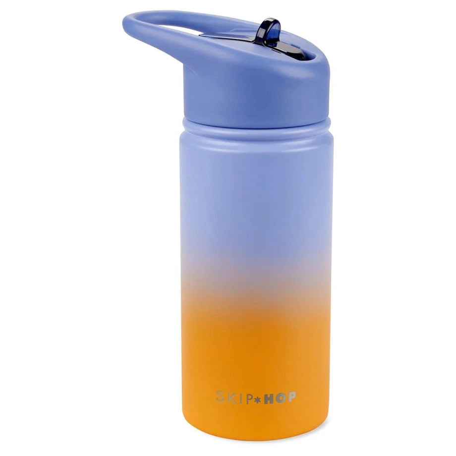 Stainless steel straw bottle with flip-top lid, blue-to-orange gradient.